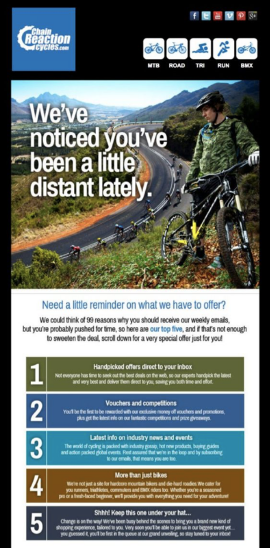 An example of a reactivation email from Chain Reaction Cycles