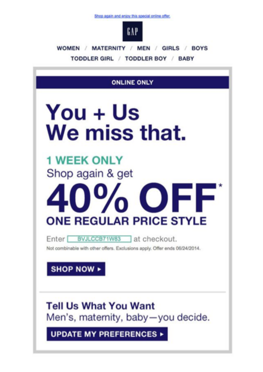 Example of reactivation deal email from GAP