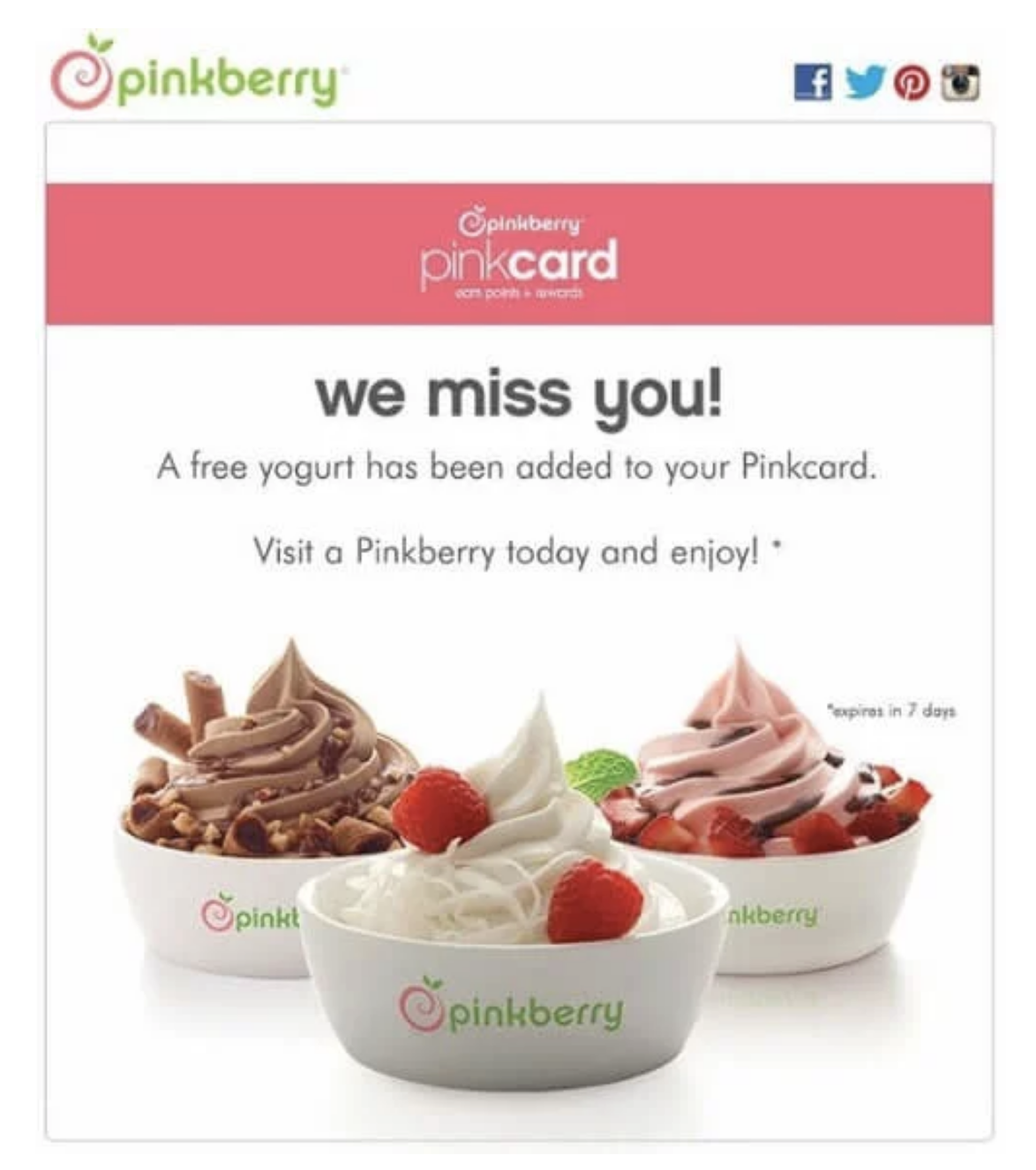 Example of reactivation coupon email from pinkberry