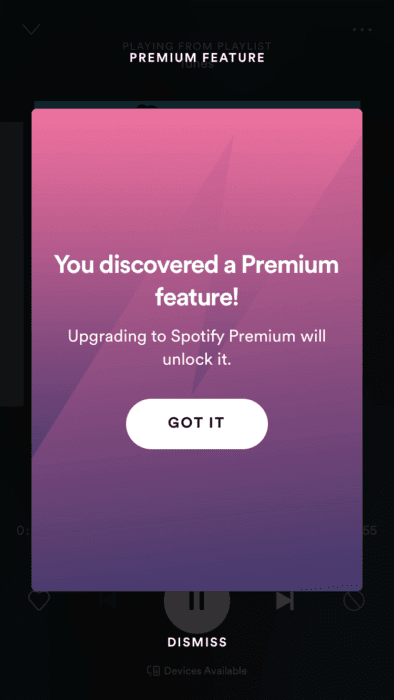 An example of upselling in Spotify's mobile app. 