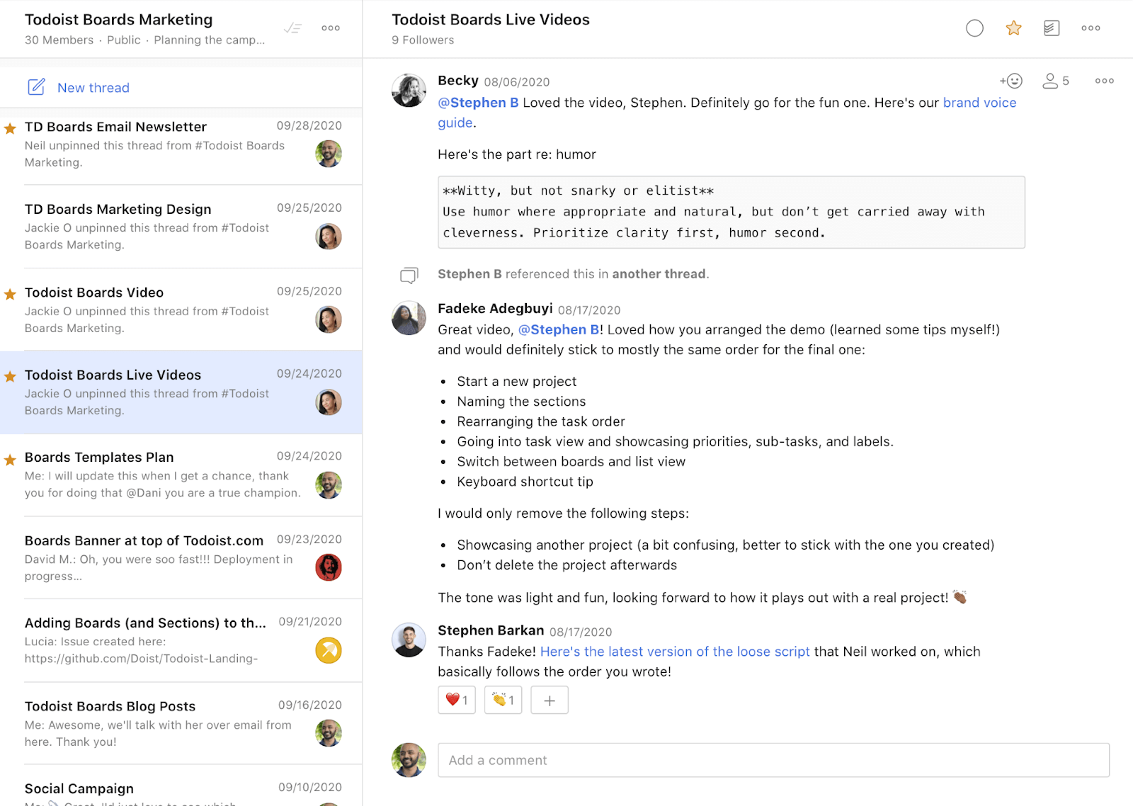Todoist live video board.