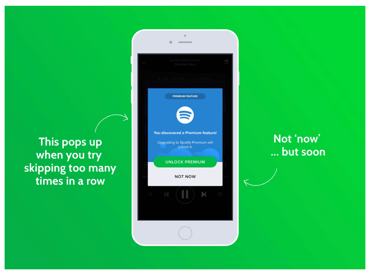 Spotify freemium users are faced with a prompt to upgrade their account when they skip a certain number of songs.