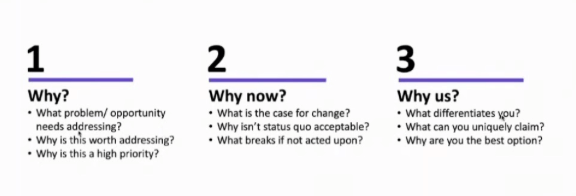 There are three things that are key if you're going to create a killer value prop, almost like a litmus test: why? Why now? Why us?