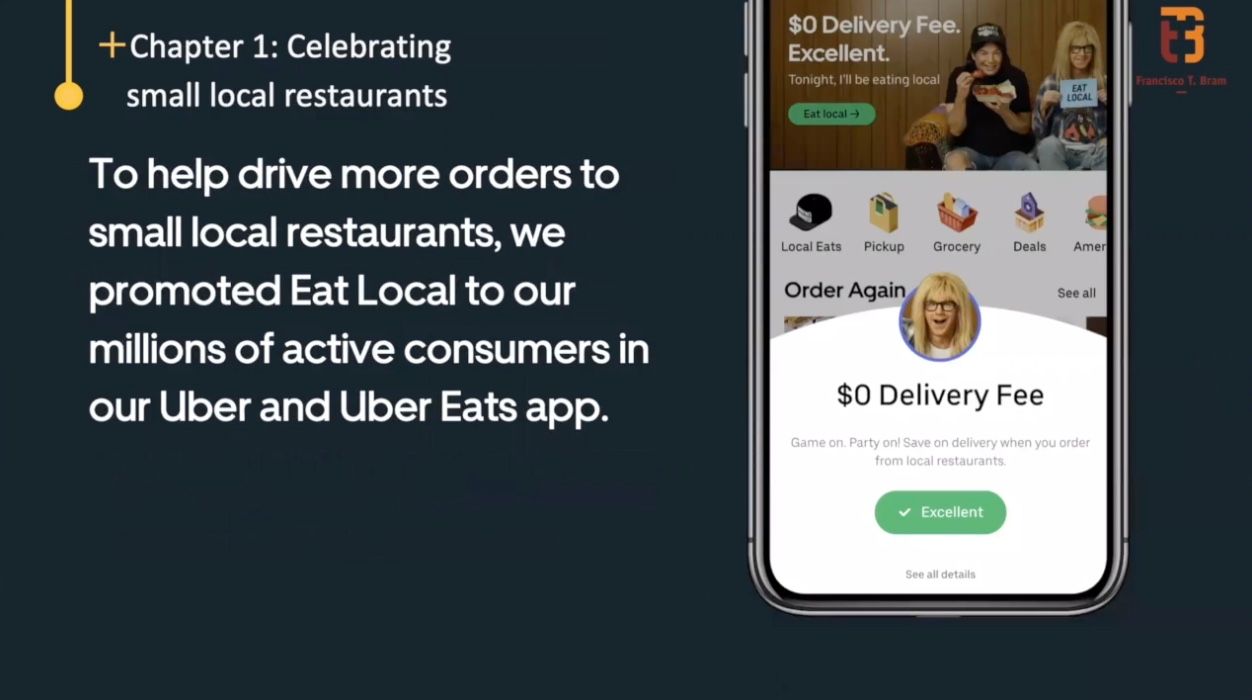 We promoted $0 delivery fees so if you would order throughout the week of SuperBowl from local restaurants, restaurants will not pay Uber Eats a single dollar.