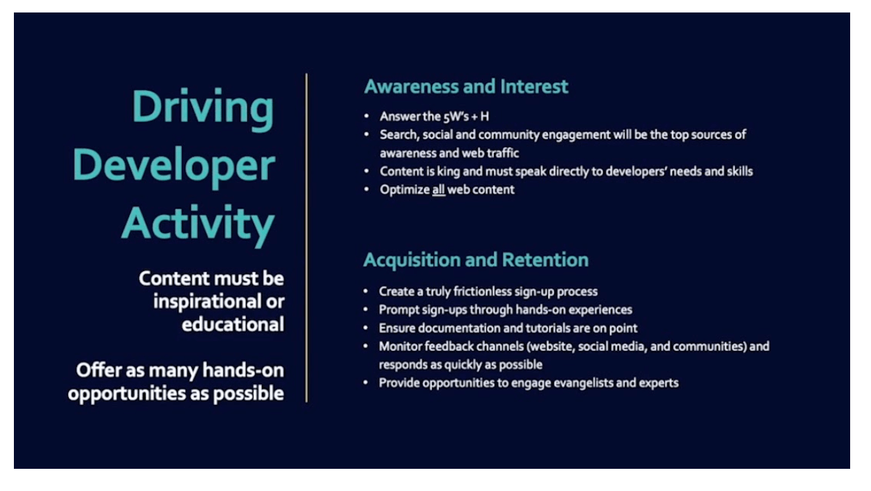 If you're looking to build a developer strategy, you're trying to drive developer activity. That activity comes in two forms, awareness, and interest, as well as acquisition and retention.