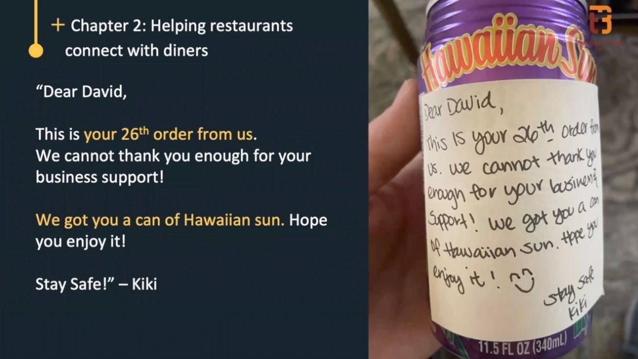 A restaurant offered a complimentary soda to this particular customer and wrote a personalized note because of the information we were able to provide them on the behaviors and the frequency of the orders from this particular customer. 