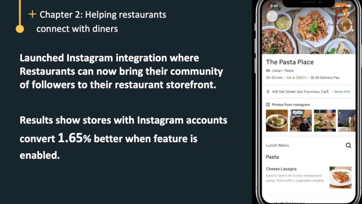 We're able to now enable restaurants to integrate their Instagram account directly on Uber Eats. So you as a consumer can actually open the UberEats app and those restaurants that did this integration, it's obviously optional and free, you will see photos from their Instagram account, to be able to actually open Instagram directly on Uber Eats and see their menus, you can actually start to follow them on Instagram.