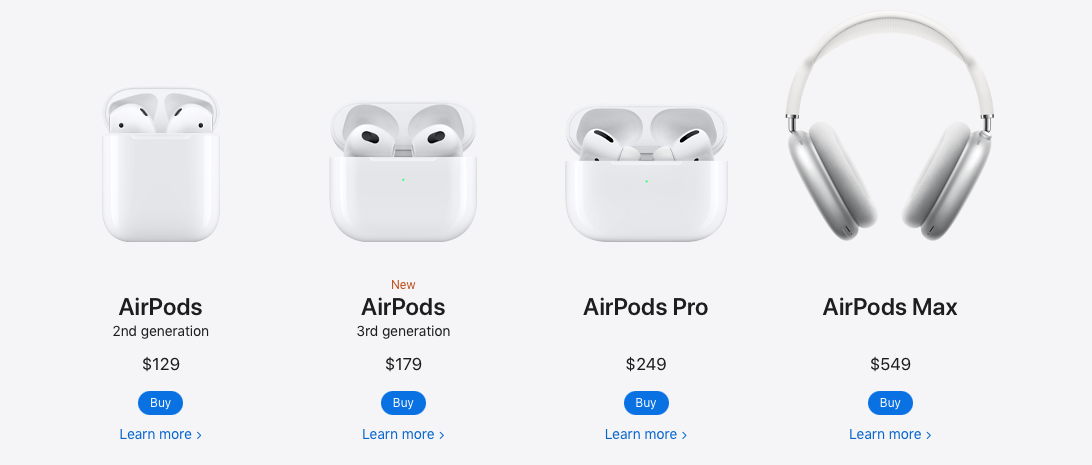 An image of four apple airpod products. First is the AirPods (2nd Generation) for $129, AirPods (3rd generation) for $179, AirPods Pro for $249 and then AirPods Max which are headphones, not earphones like the others, for $549. 