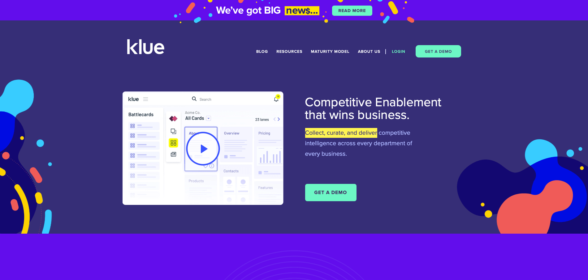 Screenshot of Klue's website home page. It is bright purple with colourful shapes around the edges, and then the content in the middle which is written simply and formally. 