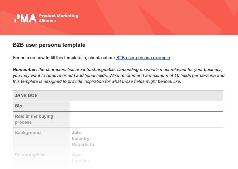A faded out image of the PMA B2B user persona template. 