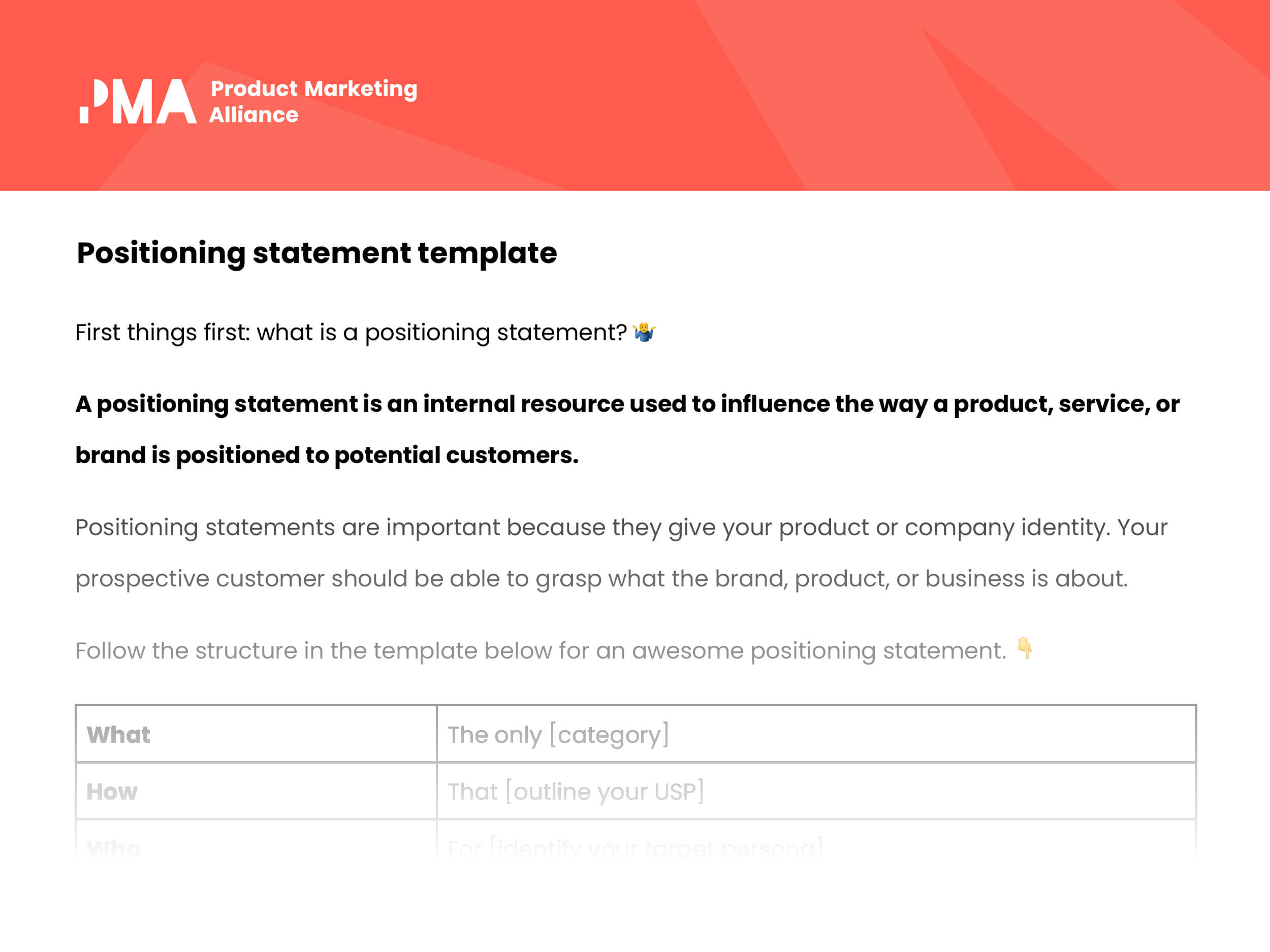 Positioning statement template included in the Product Marketing Alliance membership plan.