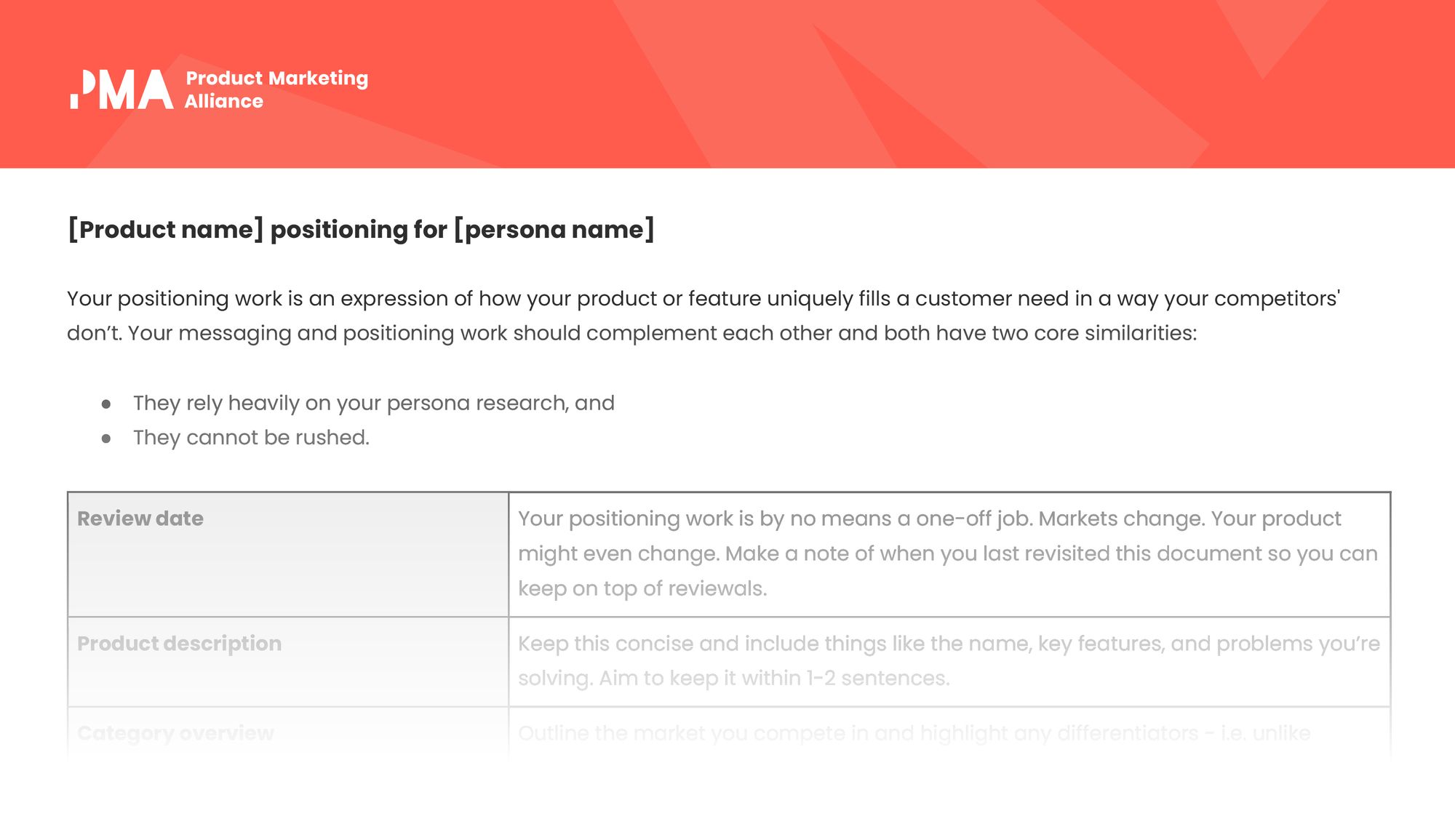 Product positioning template available in the Product Marketing Alliance membership.