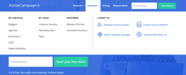 On the ActiveCampaign website, clicking into their Solutions menu reveals they’re focused on five different verticals and three different types of teams. This information is incredibly easy to source and provides you with instant insight into which customer segments these companies are targeting.