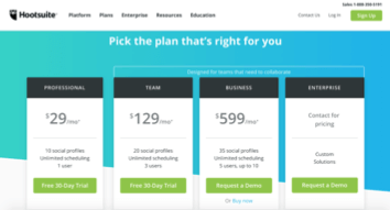 By looking at Hootsuite’s pricing page we can see that they are targeting two different segments: social media professionals who use the software on their own and teams that need to collaborate (particularly teams of three to ten).