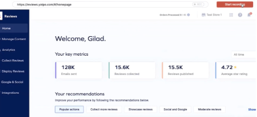 Now you'll see that we are inside the full YotPo product but within Demostack. On the following page, I’m going to click start recording.