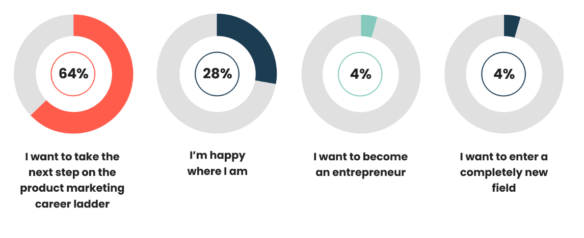 When we asked PMMs about their career ambitions, we found it interesting and extremely encouraging to see that 63% said they wanted to take the next step on the product marketing career ladder or were quite happy in their existing PMM role (28%).  Only 4% expressed an interest in exploring a completely new professional field, with reasons including wanting to “write less”, wanting to “use skills in a way that is appreciated more”, and wanting to start their own business.
