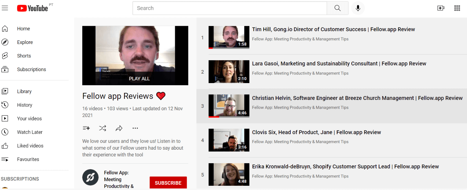 Fellow.app sent out a Vocal Video link to Tim Hill, Director of Customer Success at Gong.io to collect this video testimonial of his experience using the Fellow meeting productivity app.