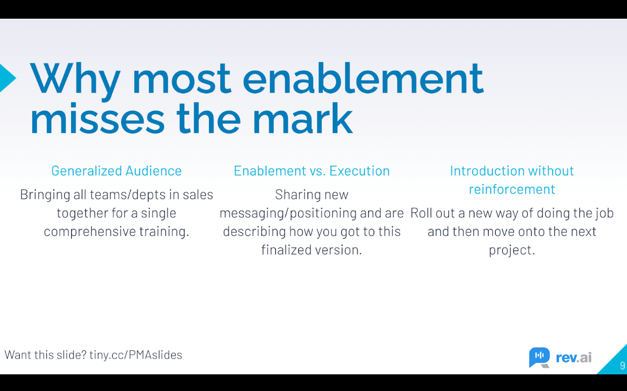 Most enablement misses the mark due to generalized audiences, enablement vs execution, and introduction without reinforcement.