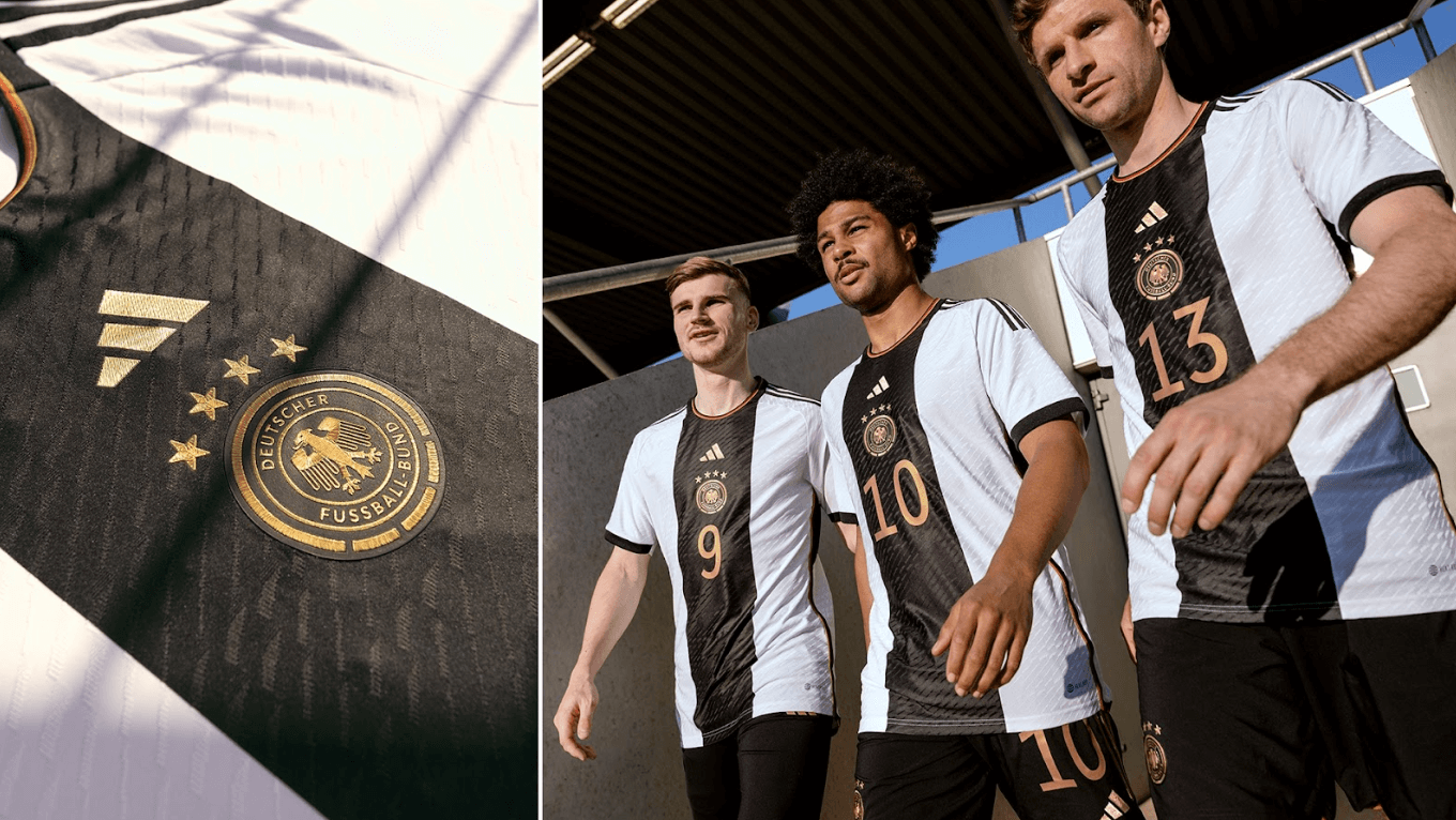 The design for Germany’s home shirt is inspired by the country’s first national kit from 1908.