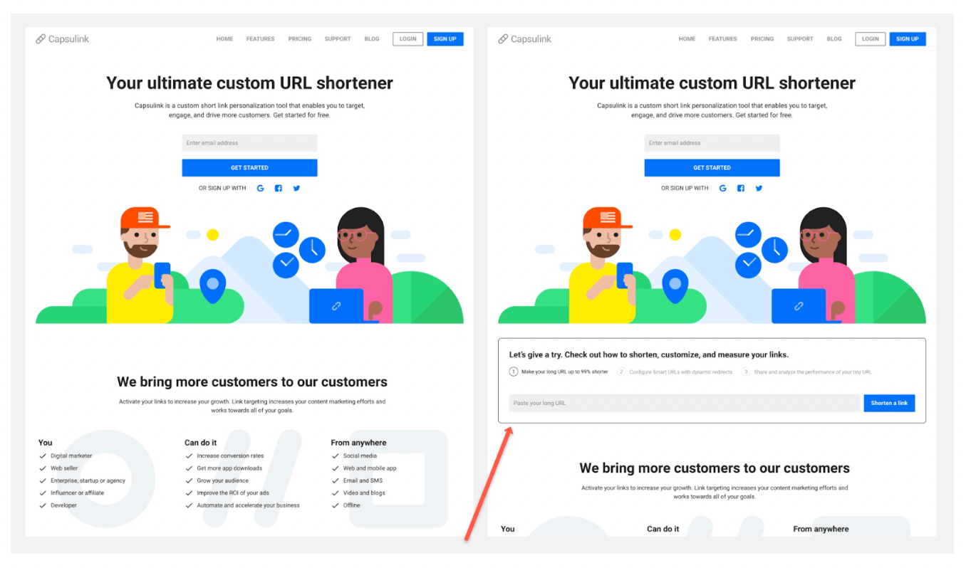 URL shortener Capsulink A/B tested an element that allowed its users to try out the service already on the home page. Their conversion goal was to increase subscriptions and the improved version of the page boosted the conversion rate by 12.8%.