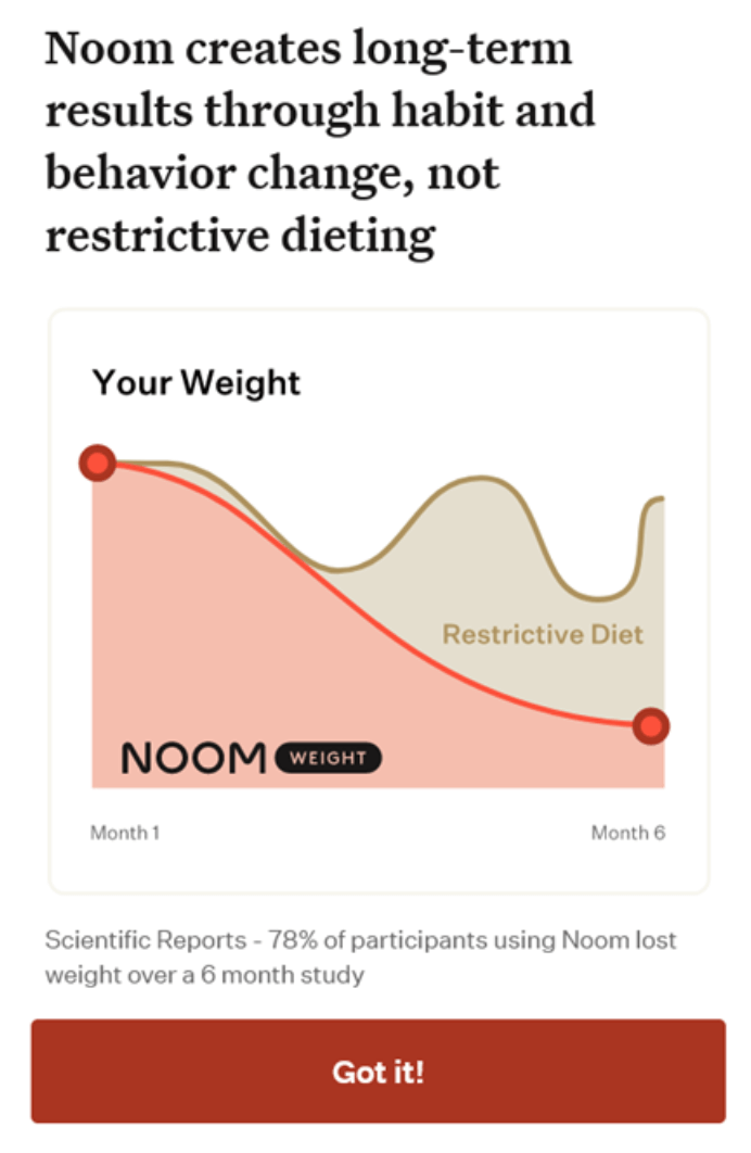 To prevent people from getting bored or changing their minds, Noom incorporates slides like this into its quiz