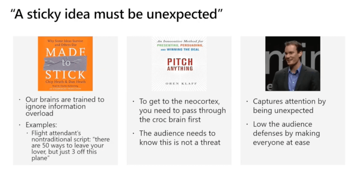 We all receive more messages than our brains can process, and our attention quickly wanders when we’re overloaded with information. Saying or doing something unexpected is a great tactic to win that attention back. 