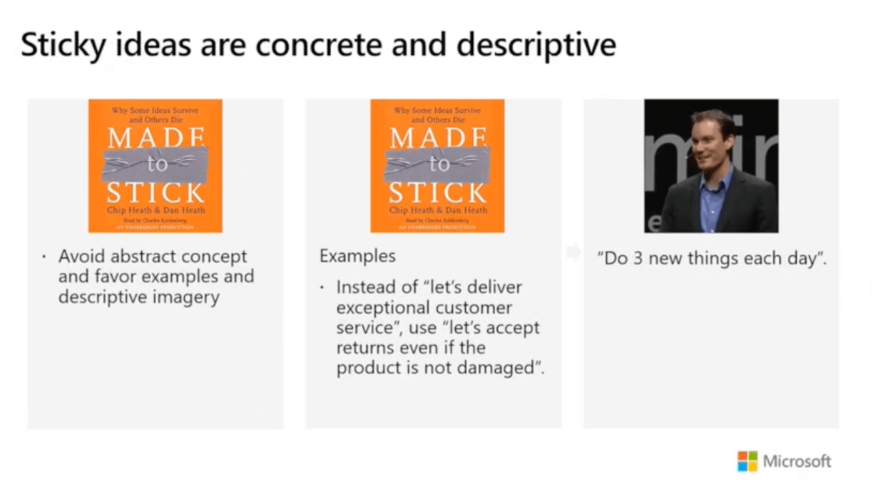 The less abstract and the more concrete you can be in your call to action, the better. Imagine you have a request for your customer support organization. Instead of saying, “We need to deliver exceptional customer care to our clients,” maybe you can try, “Let's accept returns, even if the product is not damaged.”