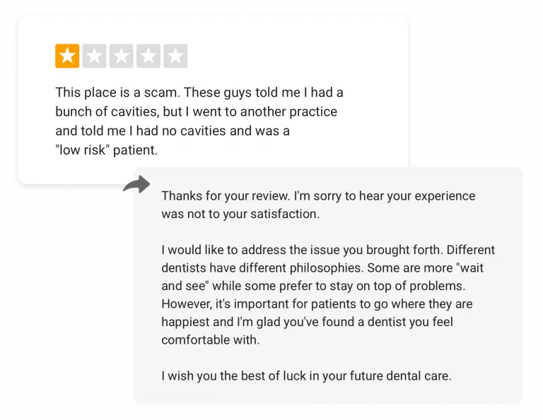 Example of a negative review with professional feedback.
