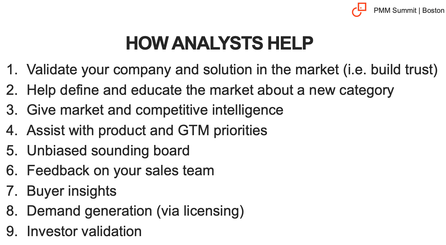Outline of how analysts within a company can help a product marketing team.