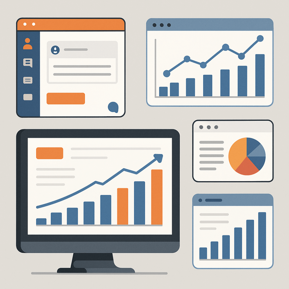 Illustration of dashboards on multiple screens showing charts and graphs for data analysis, CRM updates, and lead performance tracking.