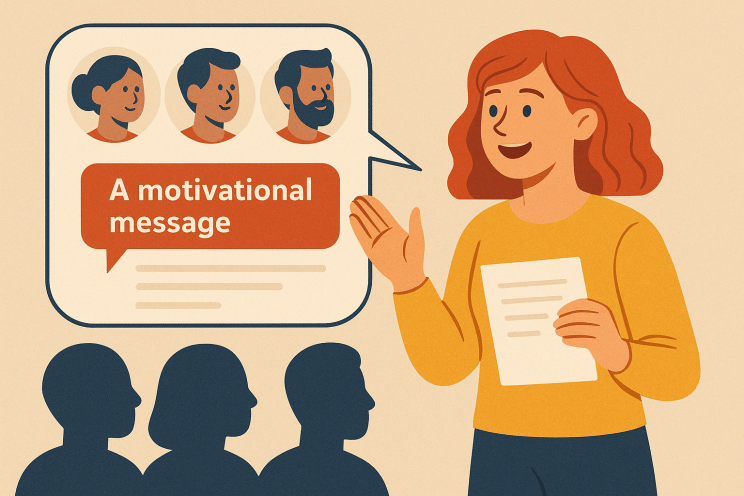 Illustration of a woman presenting a motivational message to an audience, with a speech bubble showing three team members' faces and a text block.