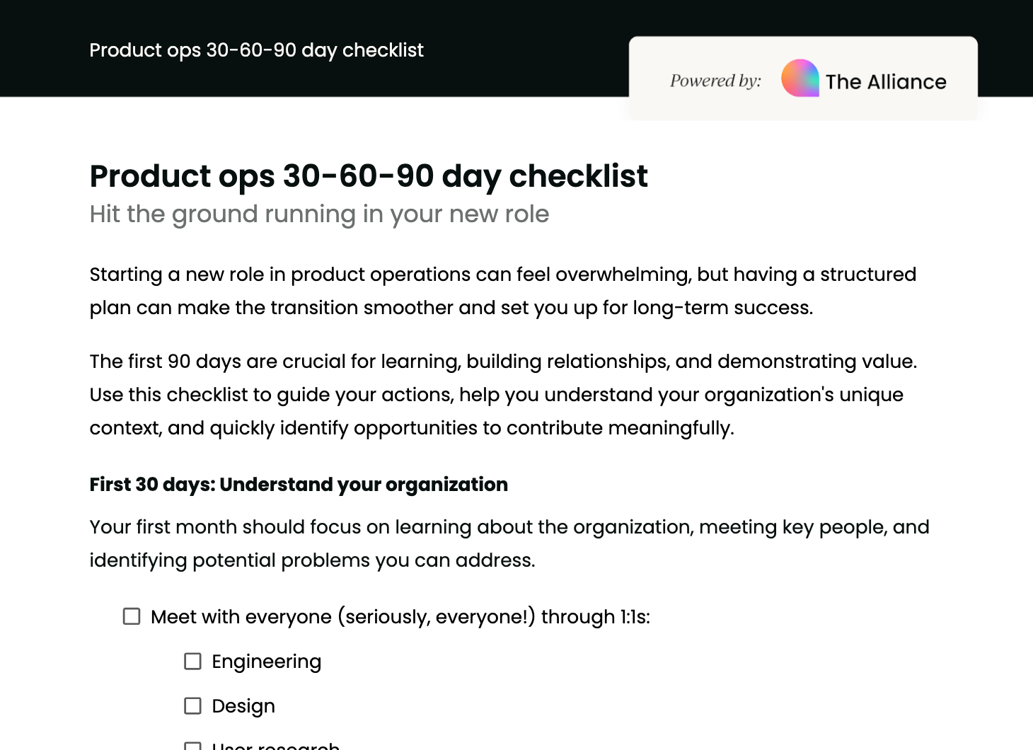 Product ops 30-60-90 day checklist
