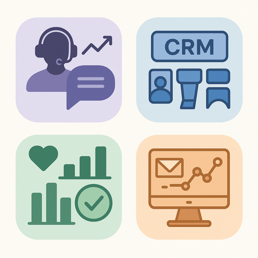 Four square icons representing customer support, CRM, customer health metrics, and marketing analytics, each with stylized illustrations and graphs.
