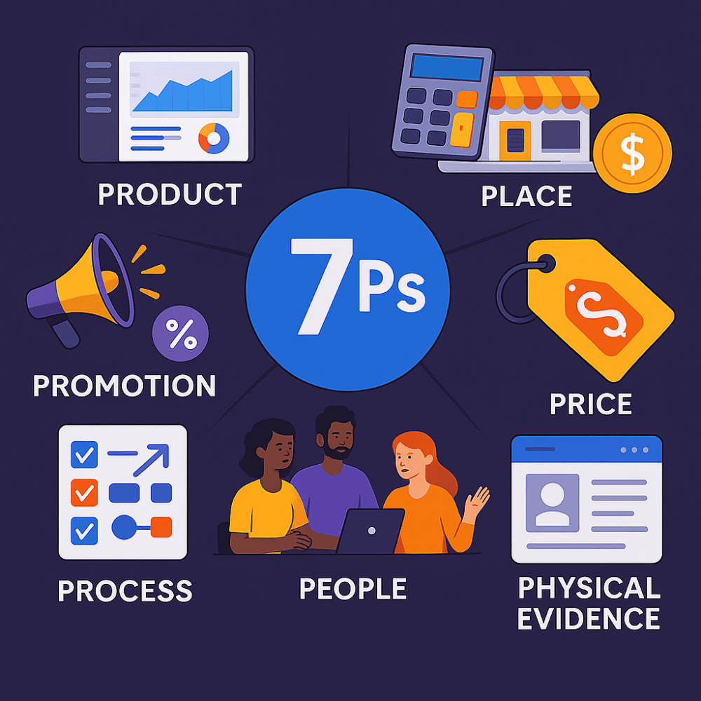 Colorful infographic illustrating the 7 Ps of marketing (Product, Price, Place, Promotion, People, Process, Physical Evidence) with icons and a central “7 Ps” label.