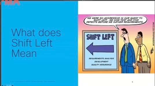 A presentation slide that says "what does shift left mean" and then a comic next to it of two men standing next to a sign that says shift left and one man is saying "we were so aggressive in our quest to shift left, we now test and find defects before we gather requirements".