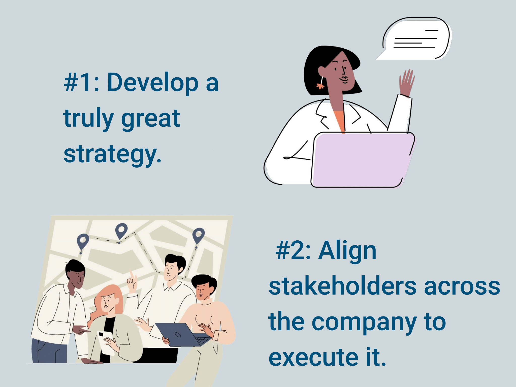 Illustration outlining two core leadership responsibilities: developing a great strategy and aligning stakeholders across the company to execute it.