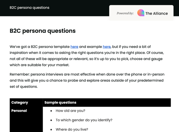 B2C persona questions template